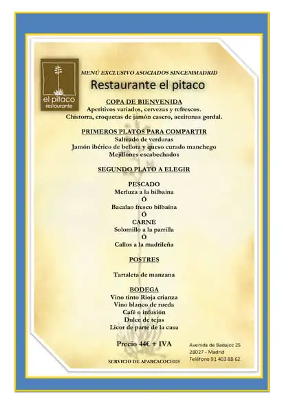 Menú 1 Restaurante Pitaco para afiliados del CEM