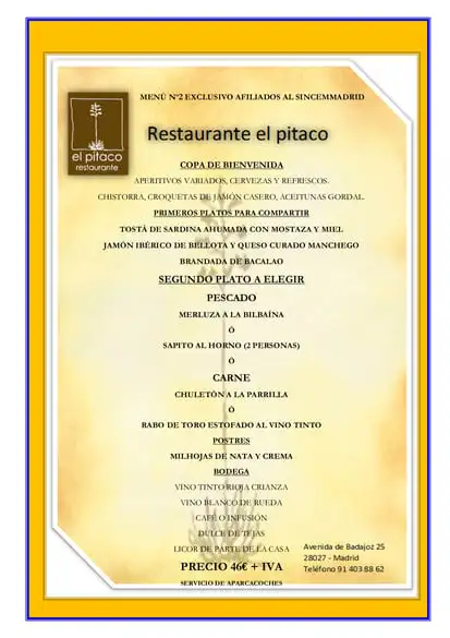 Menú 2 Restaurante Pitaco para afiliados del CEM